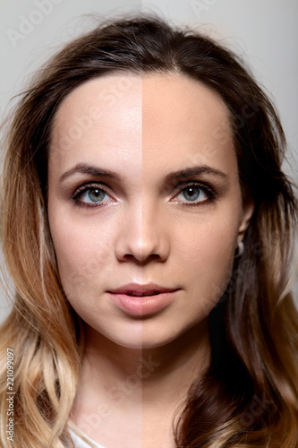 Retouch - face of beautiful young woman before and after.
