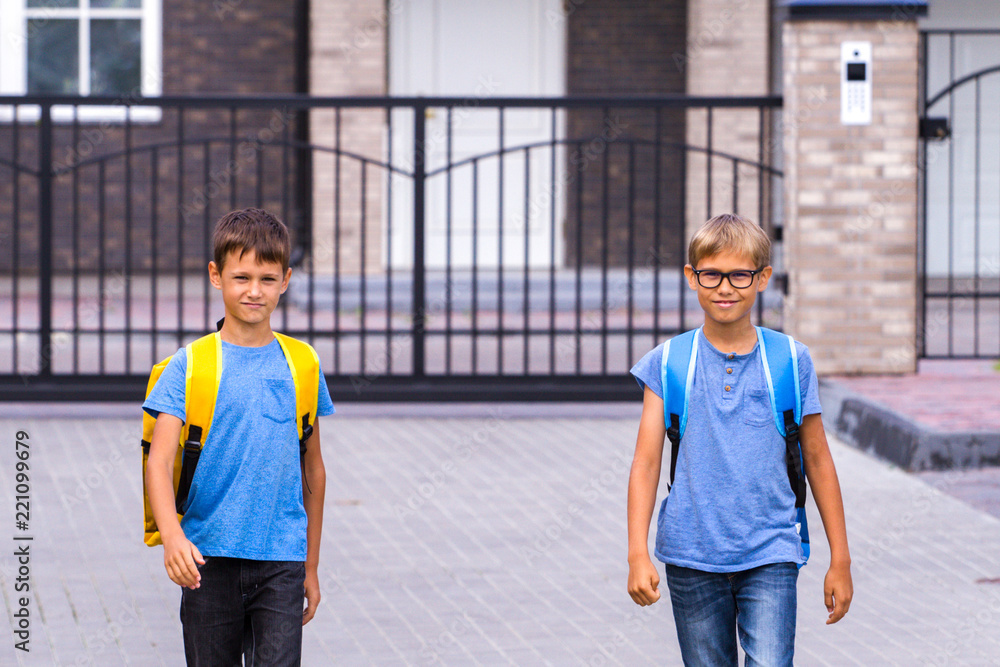 Obraz premium Schoolboys with backpack go to school