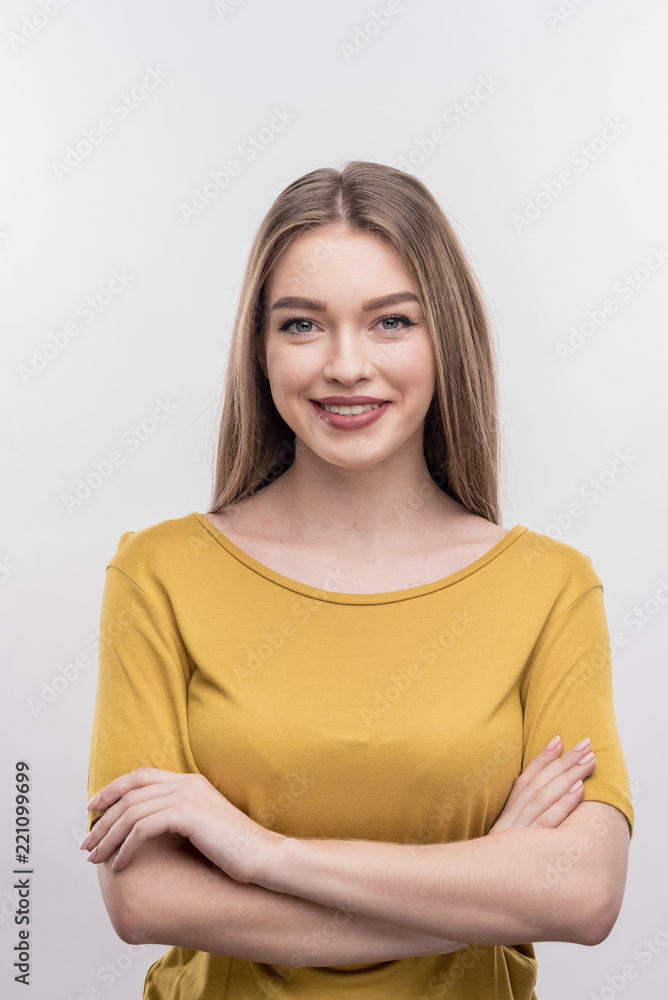 Young woman. Image without face retouching with blonde-haired young woman feeling excited before important interview Young woman. Image without face retouching with blonde-haired young woman feeling excited before important interview