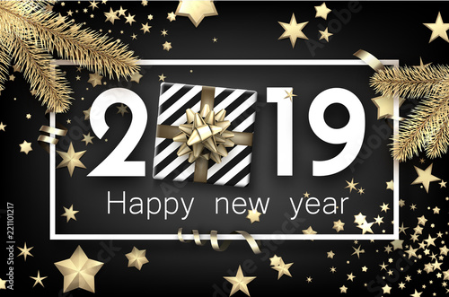 Black 2019 happy New Year card with top view gift.