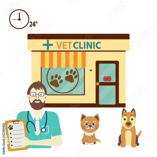 Vector illustration of veterinary medicine hospital, clinic and vetererinar doctor whith dog and  cat. Healthcare or treatment for wild or domestic animals. Facade exterior.