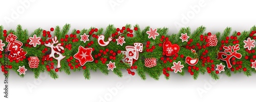 border of realistic branches Christmas tree, holly berries, Scandinavian toys