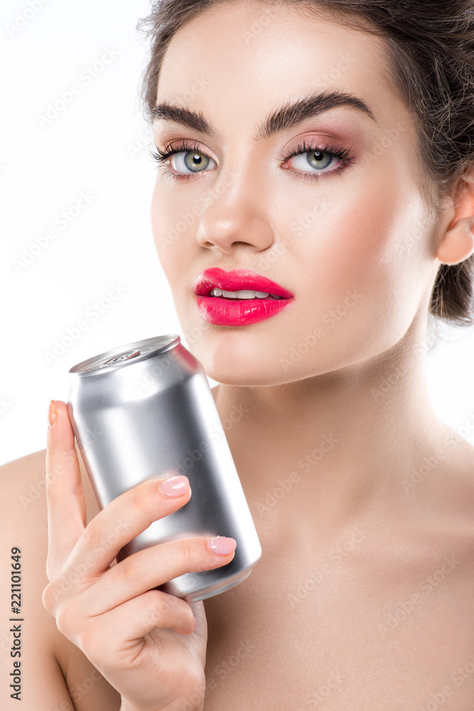 young smiling woman holding soda can, isolated on white young smiling woman holding soda can, isolated on white