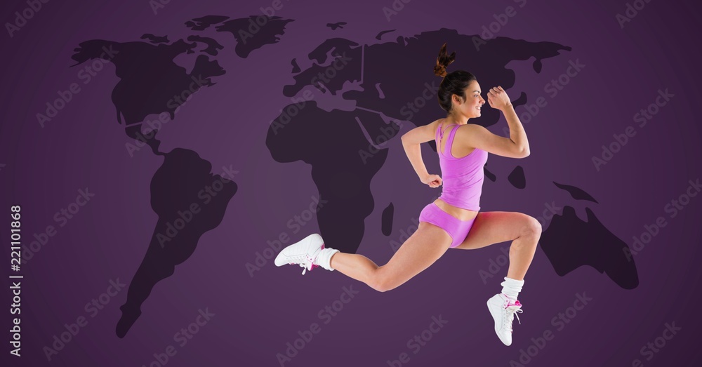 Athletic exercise woman running with world map