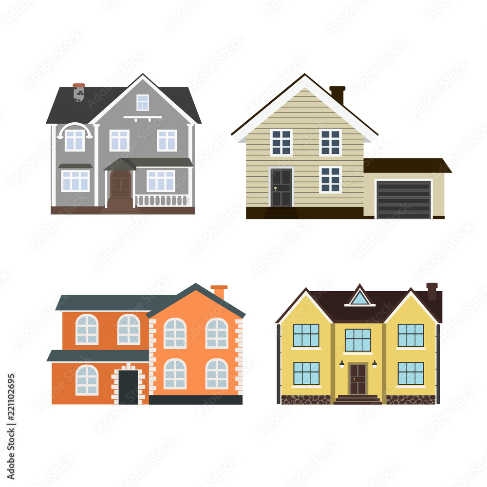 Set of houses front view in flat style isolated on white background. Collection of icons of  suburban house, town house, and cottage.  Vector illustration.