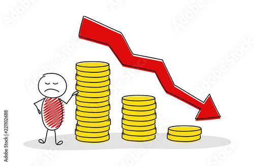 Hand drawn cartoon character with money graph. Vector.