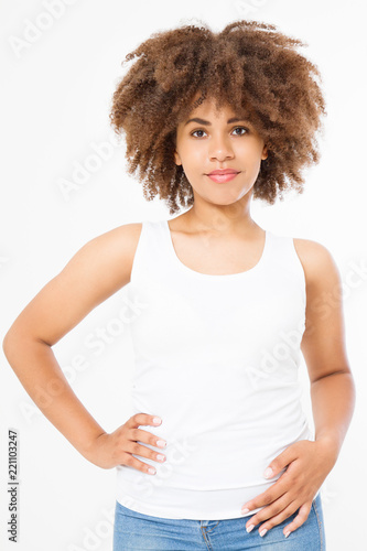 Summer t shirt design and people concept close up of young afro american woman in blank template white tshirt. Mock up. Copy space. Curly hair. Vertical front view.