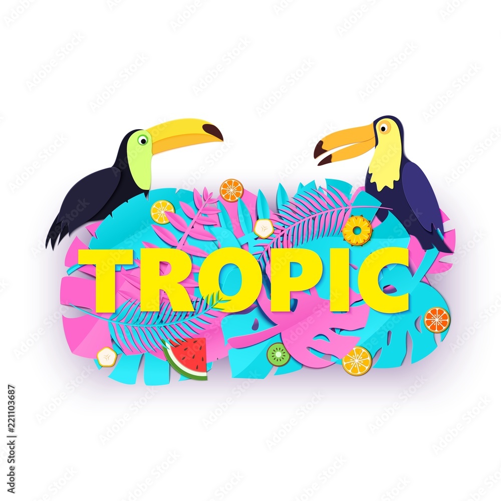 Naklejka premium Word TROPIC composition with creative pink blue jungle leaves fruits two toucans on white background in paper cut style. Yellow letters for banner, flyer T-shirt printing. Vector illustration.