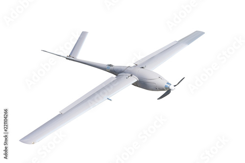 Unmanned military aircraft drone with a screw in the bow isolated on white background.