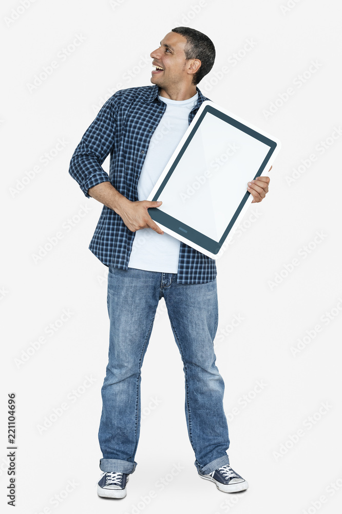 Happy man holding a tablet icon Happy man holding a tablet icon