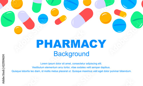 Horizontal pharmacy background in flat style. Vector illustration. Space for text