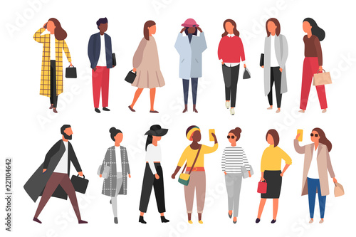 Crowd of people walking in autumn clothes. Vector illustration
