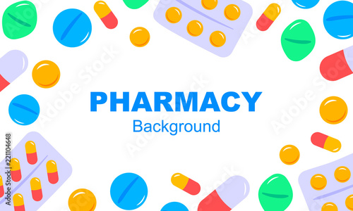 Horizontal pharmacy background in flat style. Vector illustration. Space for text