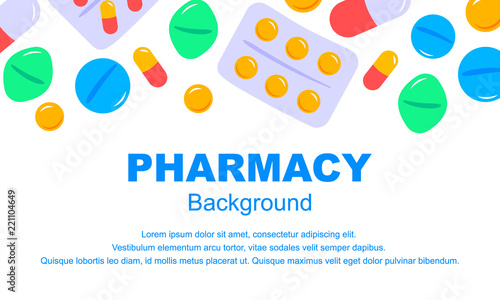 Horizontal pharmacy background in flat style. Vector illustration. Space for text