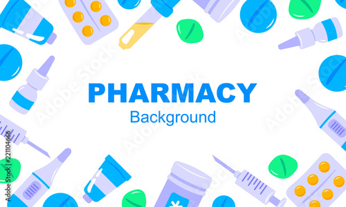 Horizontal pharmacy background in flat style. Vector illustration. Space for text