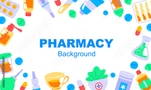 Horizontal pharmacy background in flat style. Vector illustration. Space for text