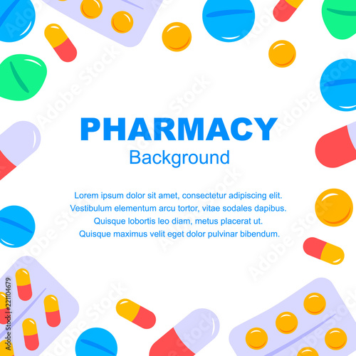 Pharmacy background in flat style. Vector illustration. Space for text