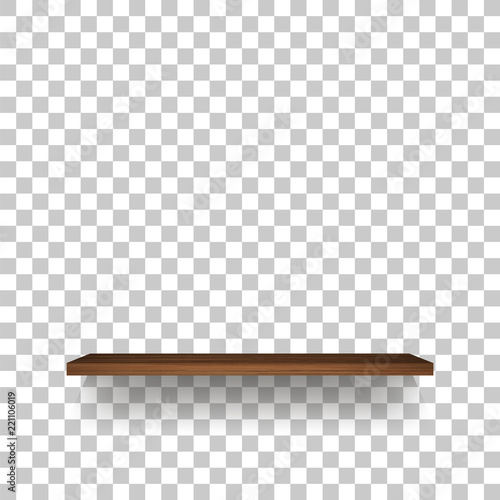 Wooden shelf on transparent background with soft shadow. 3D empty wooden shelves. Vector.