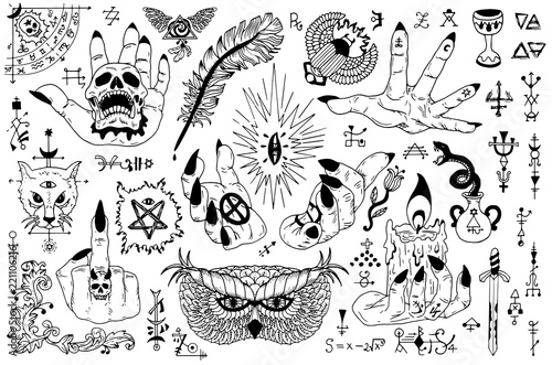 Obraz na plátně Tattoo design set with gothic icons and mystic symbols on white