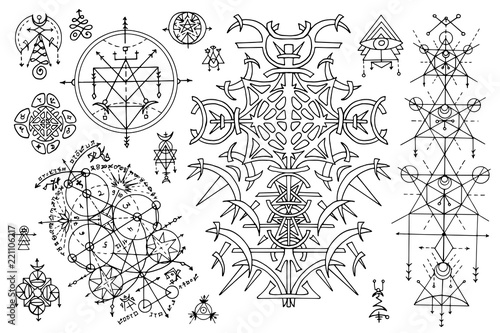 Design set with gothic abstract patterns and mystic symbols on white. Esoteric, occult and Halloween concept with sacred geometry elements, graphic vector illustrations for music album cover, t-shirts