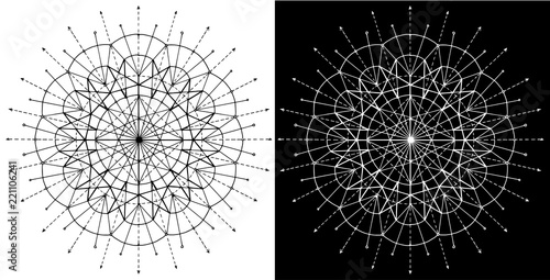 Design set with cosmic circle abstract pattern on white and black background. Esoteric and occult concept with sacred geometry elements, graphic vector illustrations for music album cover, t-shirts