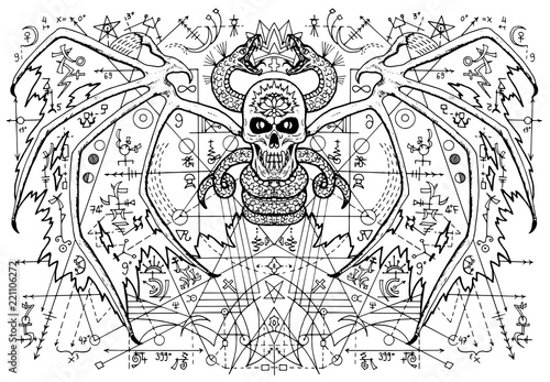 Design illustration with winged mystic demon against abstract pattern background. Esoteric, occult and Halloween concept with sacred geometry elements, graphic vector illustrations