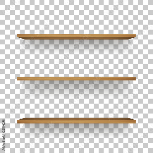 Wooden shelf on transparent background with soft shadow. 3D empty wooden shelves. Vector.