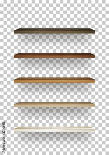 Wooden shelf on transparent background with soft shadow. 3D empty wooden shelves. Vector.