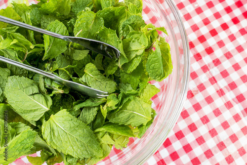 Close the mint leaves. For cooking in a glass bowl. photo