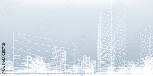 Abstract wireframe city background. Perspective 3D render of building wireframe. Vector.