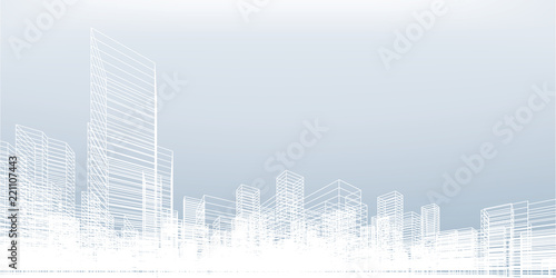 Abstract wireframe city background. Perspective 3D render of building wireframe. Vector.