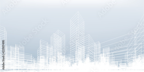Abstract wireframe city background. Perspective 3D render of building wireframe. Vector.