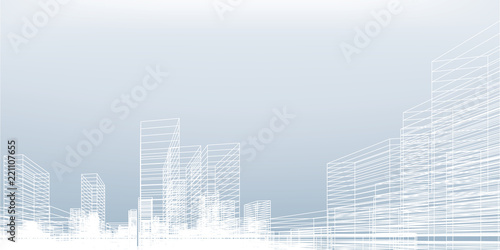Abstract wireframe city background. Perspective 3D render of building wireframe. Vector.
