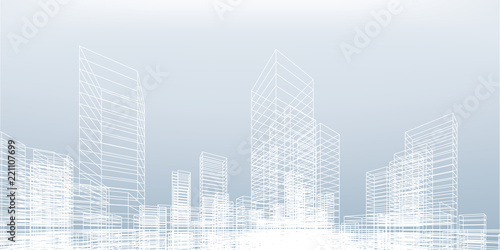 Abstract wireframe city background. Perspective 3D render of building wireframe. Vector.