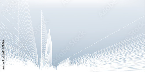 Abstract wireframe city background. Perspective 3D render of building wireframe. Vector.