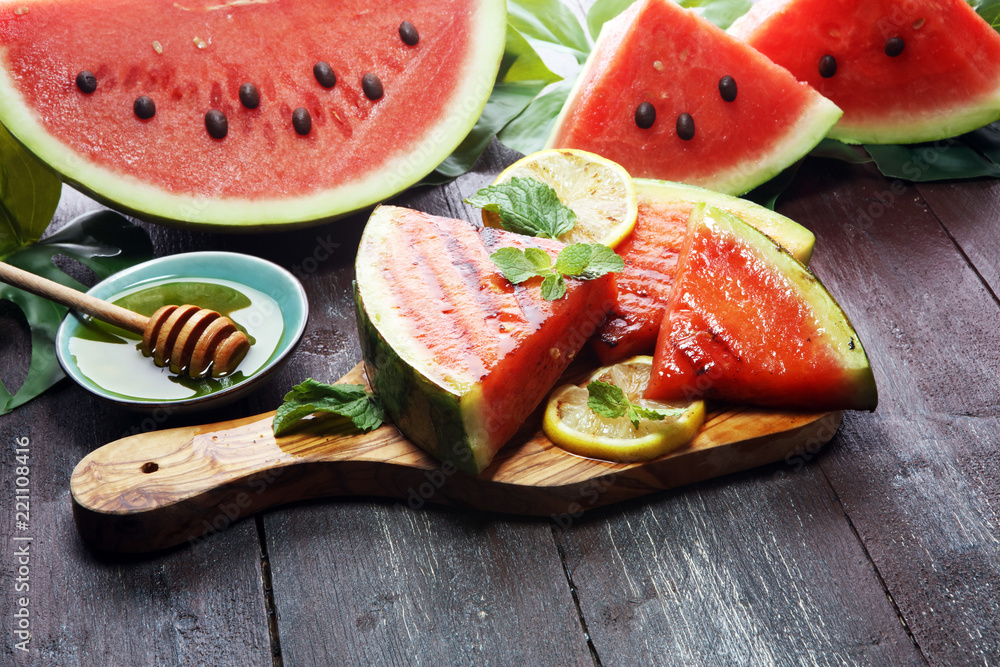 Ripe Healthy Organic Grilled Watermelon with Honey. Ripe Healthy Organic Grilled Watermelon with Honey.