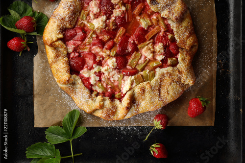 Strawberry and rhubarb galette on tray