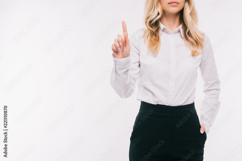 cropped image of businesswoman pointing up isolated on white cropped image of businesswoman pointing up isolated on white