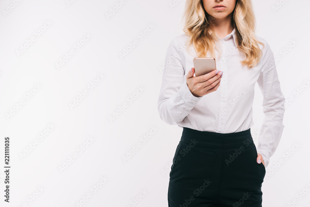 cropped image of businesswoman using smartphone isolated on white cropped image of businesswoman using smartphone isolated on white