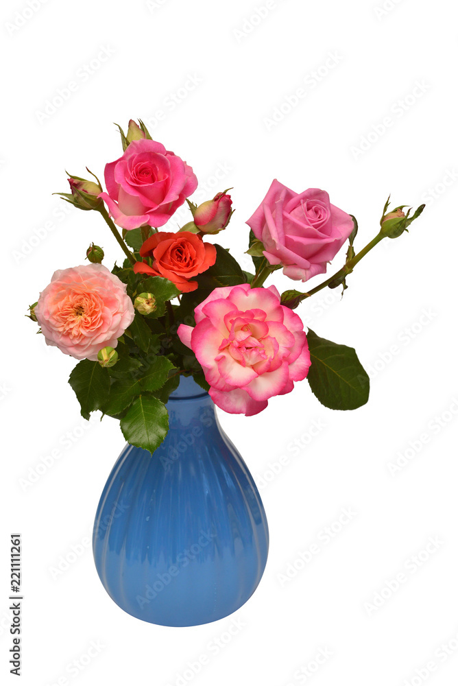 Flower arrangement in bouquet of roses in a vase isolated on white background. Floral pattern, still-life, object. Flat lay, top view. Pink, purple, orange