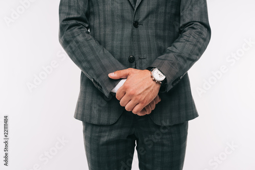cropped image of businessman standing in suit with wristwatch isolated on white
