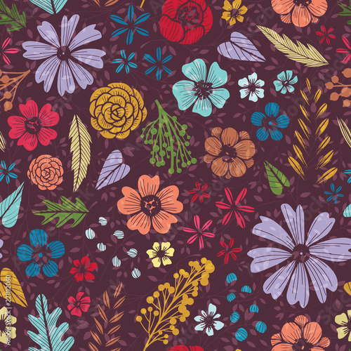 Seamless pattern with fantasy flowers on dark background.