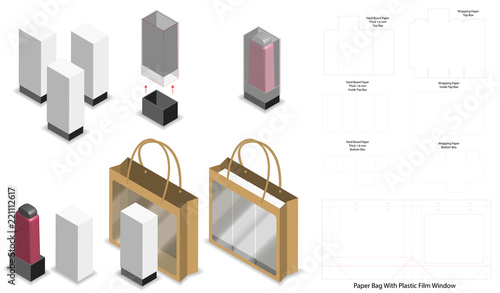 box and paper bag set mockup with dieline