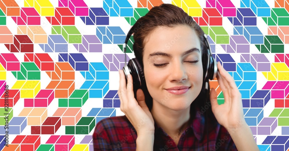 Woman enjoying headphones with colorful geometric pattern Woman enjoying headphones with colorful geometric pattern