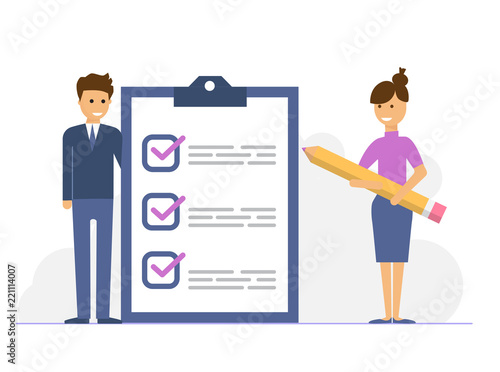 business woman with a giant pencil marked checklist on a clipboard, vector illustration
