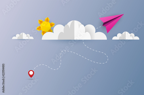 illustration of origami cloudscape, plane flying on sky with paper cloud and sun. design by paper art and digital craft style.