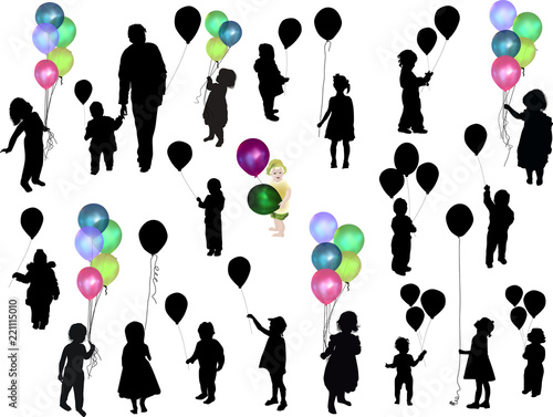 twenty child silhouettes with balloon on white