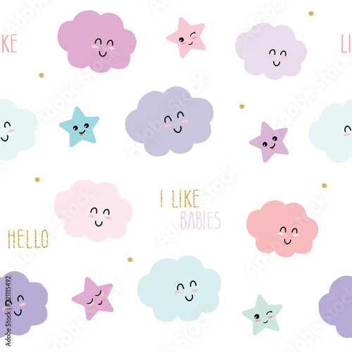 Cute seamless pattern background with cartoon kawaii stars and clouds. For kids clothes, pajamas, baby shower design.