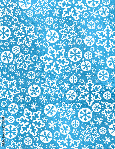 Blue glossy Christmas background with white snowflakes and stars,  vector illustration