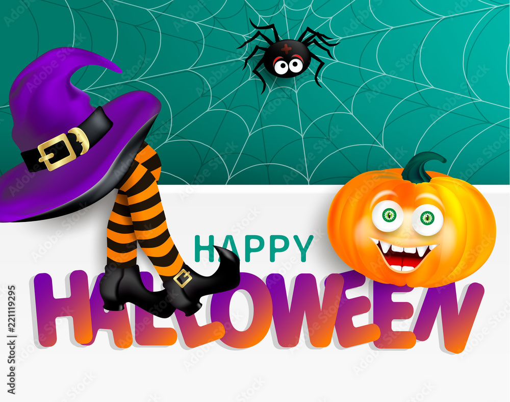 Cute spider on cobweb, orange pumpkin with happy monster face, purple witch hat and legs with striped stockings on white banner with bright text Happy Halloween Cute spider on cobweb, orange pumpkin with happy monster face, purple witch hat and legs with striped stockings on white banner with bright text Happy Halloween